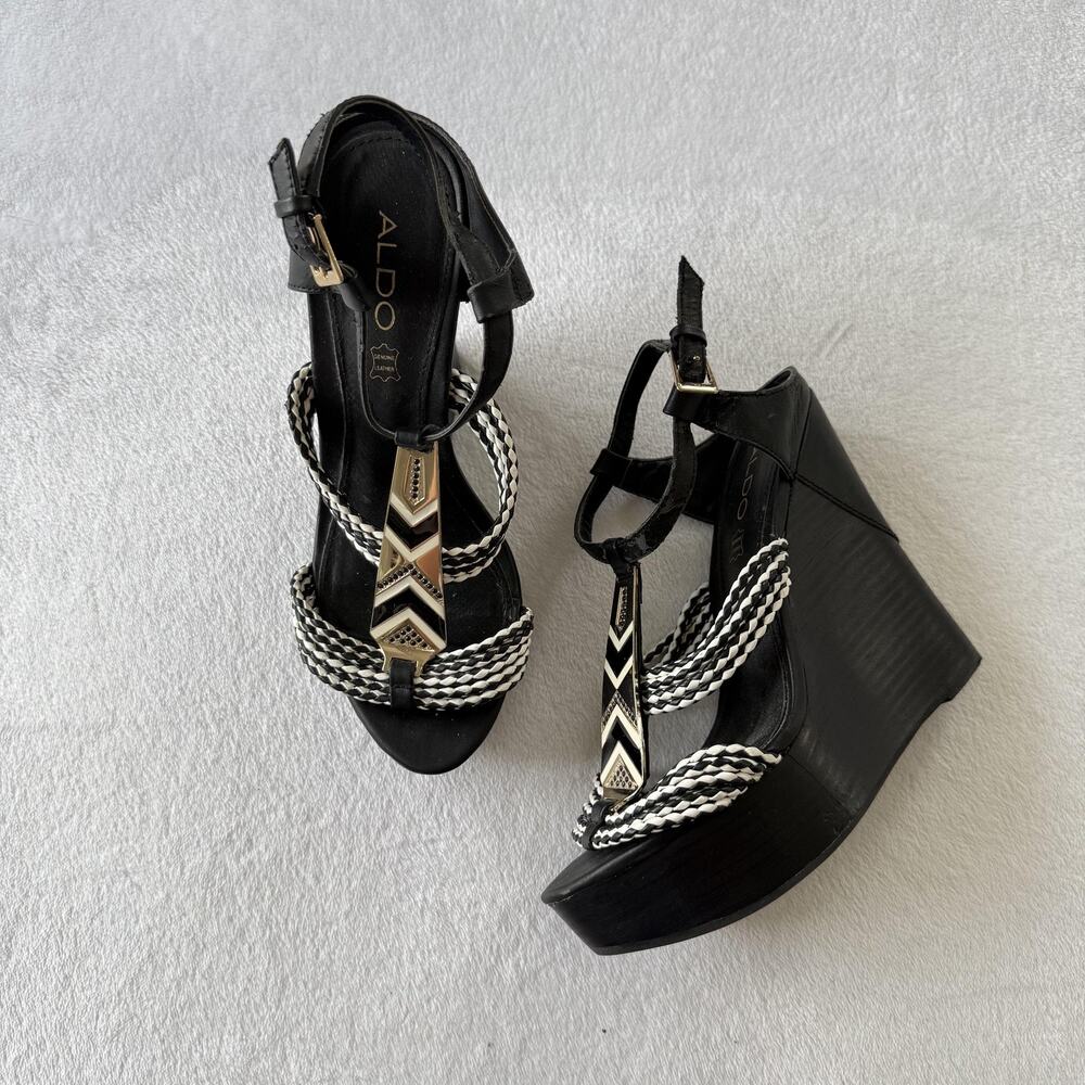 ALDO Wedge Sandals Womens Size 8.5 Black Braided Chevron Medallion Platform